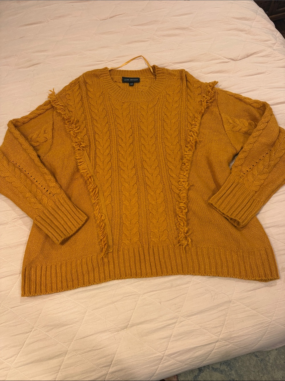 Lane Bryant Mustard Cable Fringe Crewneck Sweater